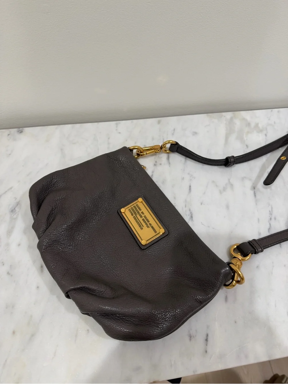 Marc by Marc Jacobs Dark Brown Pebbled Leather Crossbody with Gold Plaque